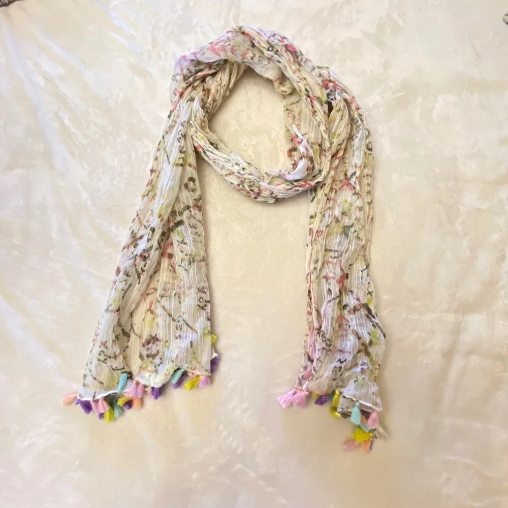 Betsey Johnson Scarf Colorful Tassels Lightweight Whimsical Crinkle Boho Floral